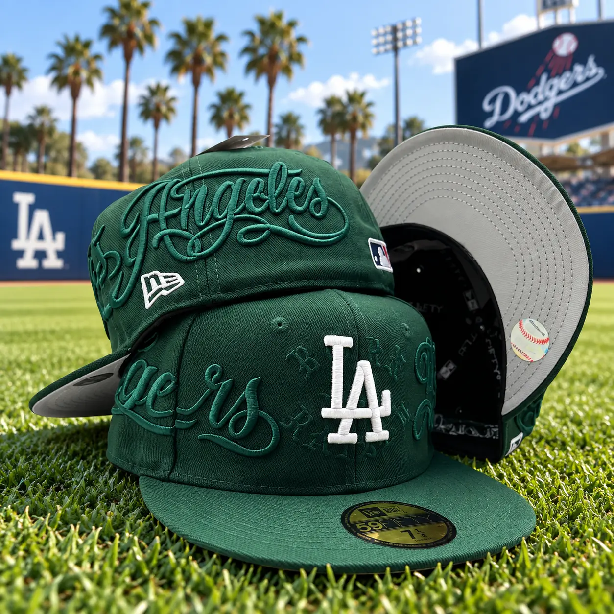 LA Green All Over Embroidered 59FIFTY Fitted Hat – White Logo Flat Brim Baseball Cap