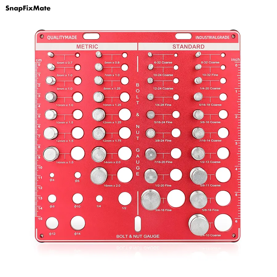 GJANSH 42 Nut and Bolt Thread Checker, Bolt Size and Thread Gauge, 19 Standard & 15 Metric Sizes & 8 Drill Bit Gauge Bolt and Nut Identifier Gauge with 6 Inch and 15 Centimeter Ruler Red, fathersdaygift