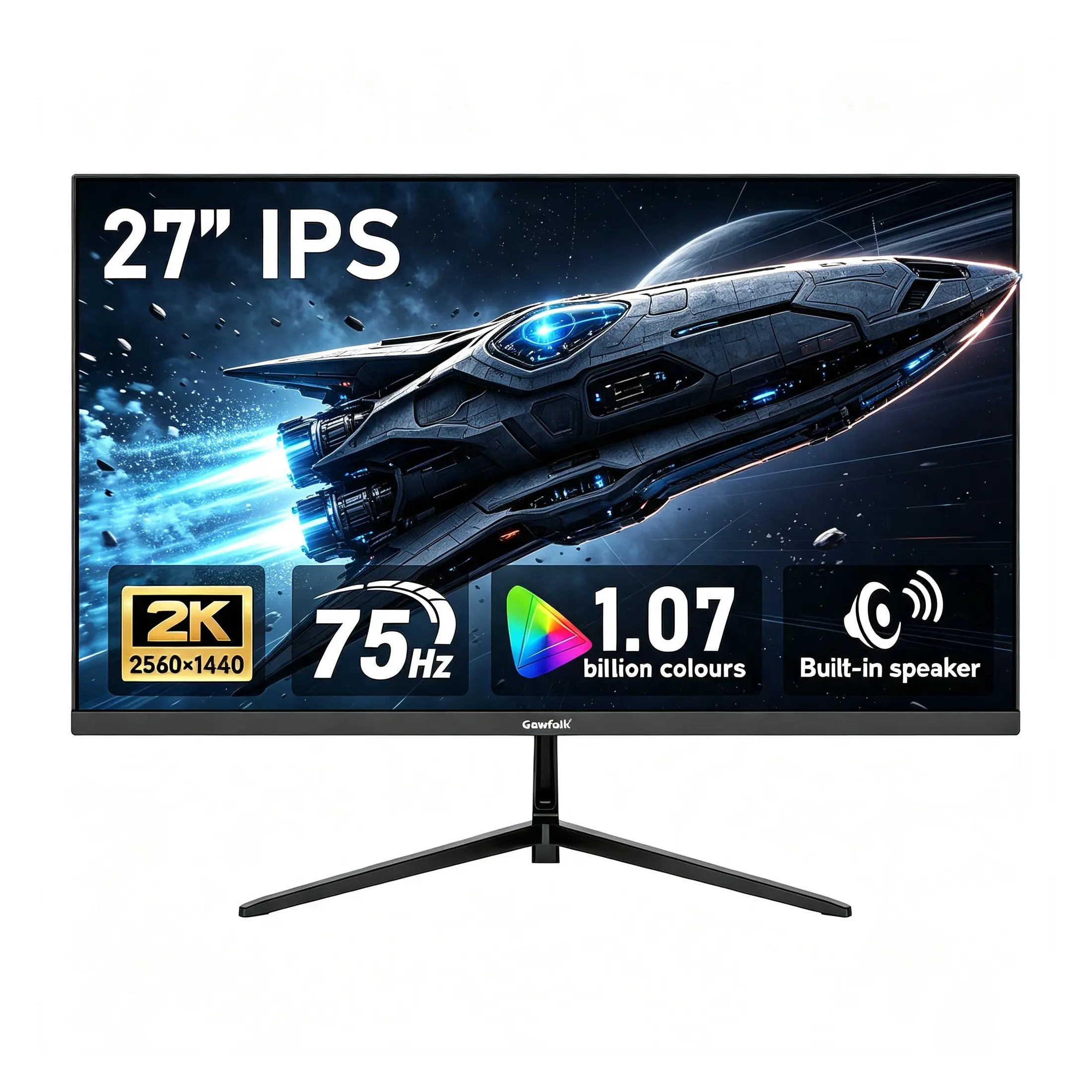 Gawfolk 27 inch IPS 2K QHD (2560×1440) Computer Monitor 75Hz Gaming PC Screen, 1ms，Adaptive Sync,100% sRGB, 1.07 Billion Colours,Built-in Speaker，Display 1.4、Port HDMI2.0, Black
