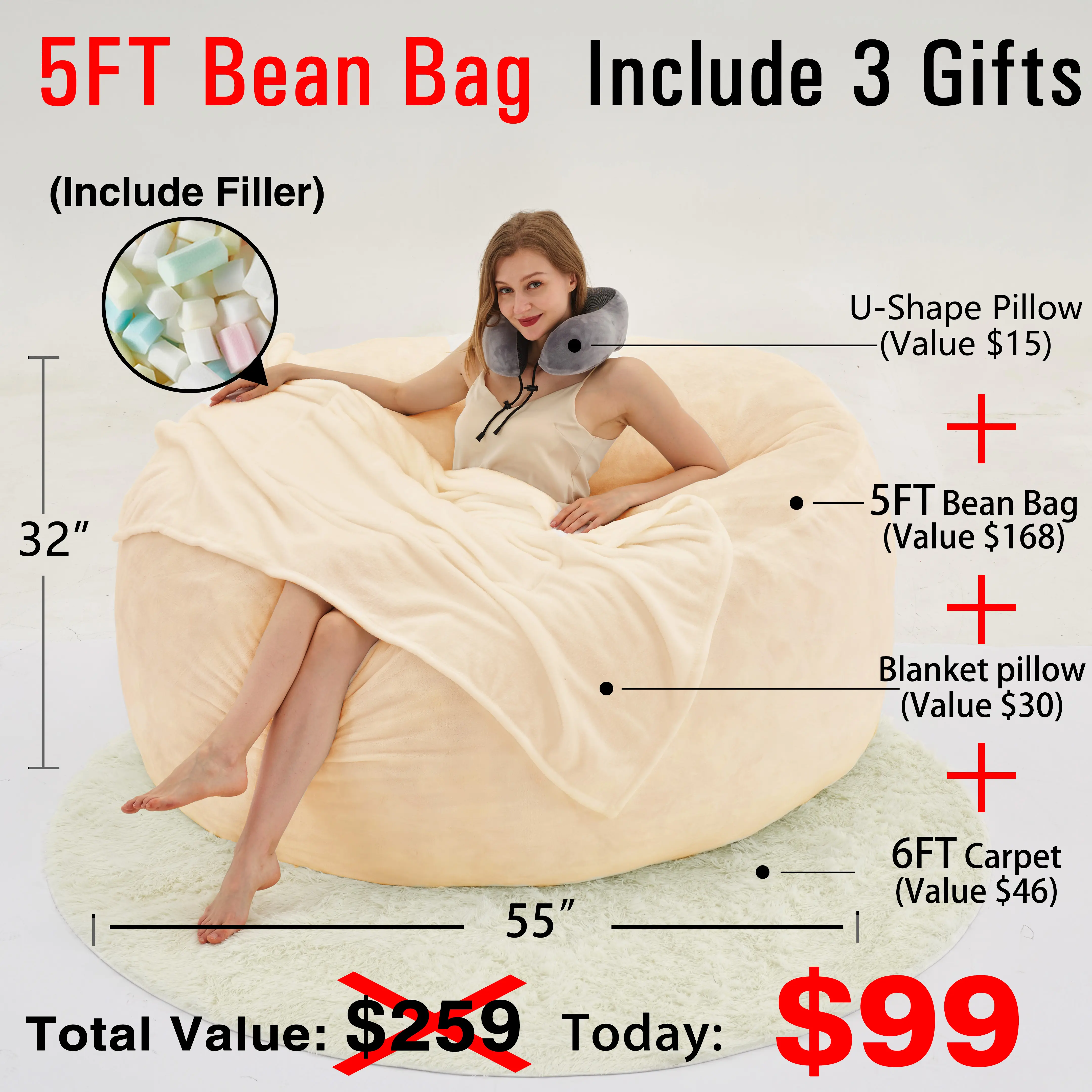 5FT Cream(Cover Filler U-pillow Blanket Carpet)