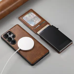 Suteni Magnetic Wireless Charging Phone Case Casing, Luxury Faux Leather, Card Slot Wallet, Picture Frame, for Samsung S26 Ultra S25 Plus S24 S23 S22 Note20