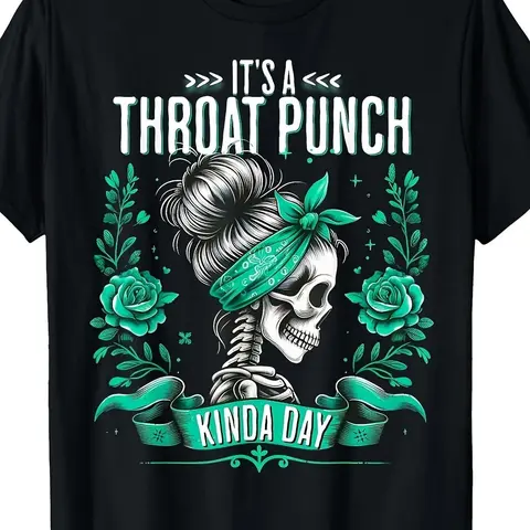 Men's Crew Neck Breathable Soft Fabric Tee - Casual Short-Sleeve All-Season Top, Skull & Roses Print, Teal Bandana, "It's a Throat Punch Kinda Day" Graphic, Edgy Menswear Apparel