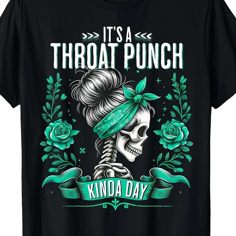 Men's Crew Neck Breathable Soft Fabric Tee - Casual Short-Sleeve All-Season Top, Skull & Roses Print, Teal Bandana, "It's a Throat Punch Kinda Day" Graphic, Edgy Menswear Apparel