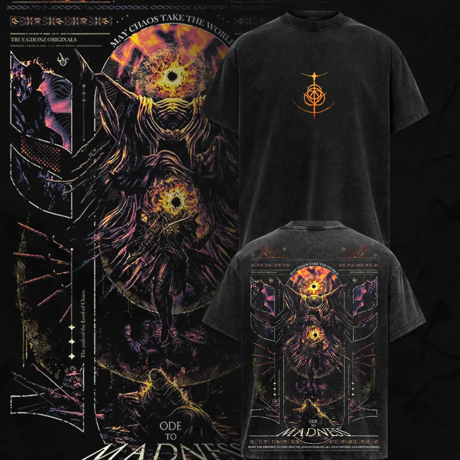[Collection] Elden Ring Double Printed Oversize Lightweight Acid Washed Tee Game Graphic T-Shirt for Men Casual Day Wear Cotton Fabric - Jeans Vintage Gaming Retro Black Tee Oversized Heavyweight Cotton T-Shirts Love Menswear