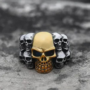 GTHIC Punk Multi Skull Heads Stainless Steel Ring Statement Jewelry For Men Daily Wear