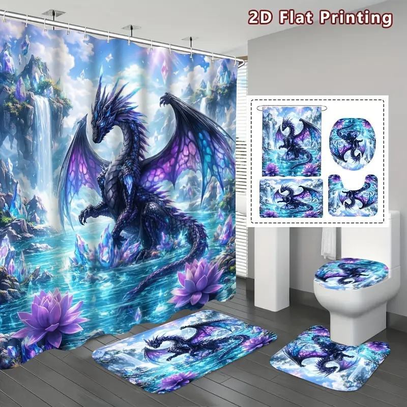 2D Flat, 4pcs 2D Flat Fantasy Dragon Shower Curtain Set, Vivid Blue Purple Dragon And Crystal Landscape Bathroom Decor, Additions with, U-Shaped, Toilet Lid Cover, 12 Hooks , Dragon Enthusiast, Home Decor