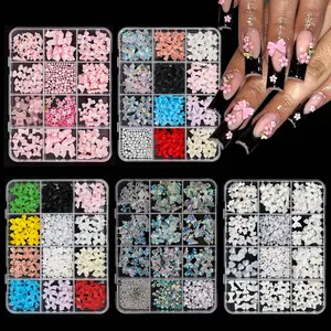Nail Art 3D Ribbon Butterfly Nail Decoration Set Pearl Cartoon Love Flower Resin DIY Nail 12 Grid Flat-bottom Diamond Accessories Nail Art Special Accessories Nail Art Design