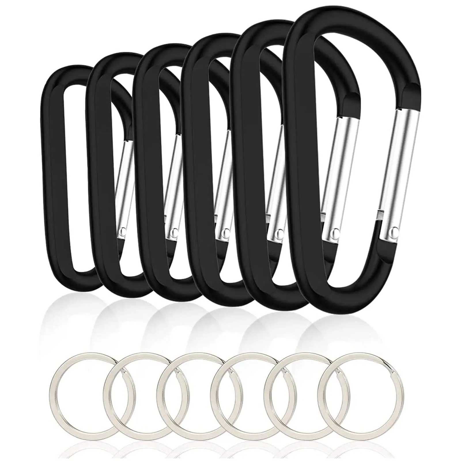 6PCS Black Carabiner Caribeaner Clip,3" Large Aluminum D Ring Shape Carabeaner with 6PCS Keyring Keychain Hook