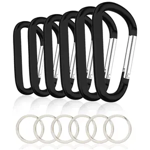 6PCS Black Carabiner Caribeaner Clip,3" Large Aluminum D Ring Shape Carabeaner with 6PCS Keyring Keychain Hook