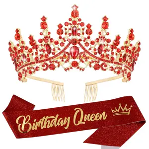 Red Crystal Birthday Queen Tiara Crown for Women Girls Birthday Queen Headband Sash Elegant Princess Crown with Combs Hair Accessories Happy Birth Party Decorations Mom Birth Gift