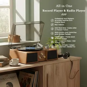 Myvision All-In-One Vinyl Record Player&FM Radio 3-Speed Bluetooth Portable Turntable with High-Power Stereo RGB bluetooth Speakers RCA Line Out,AUX in,Headphone Jacks,Supports 33-1/3,45,78 RPM,7/10/12-inch Records Retro style Gift Belt-Driven cdplayer