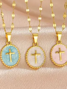 French Colorful Round Cross Pendant Necklace, Enamel Jewelry for Women, Elegant Daily Wear & Gift, Perfect for Christmas Valentine's Day Birthday