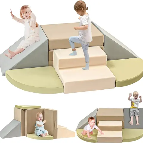 NLDD 6-Piece Toddler Climbing Toys Indoor Soft Play Baby Climbing Blocks Safe Wooden Slide Playground Equipment Durable Foam Climbing Toys for Crawling and Sliding