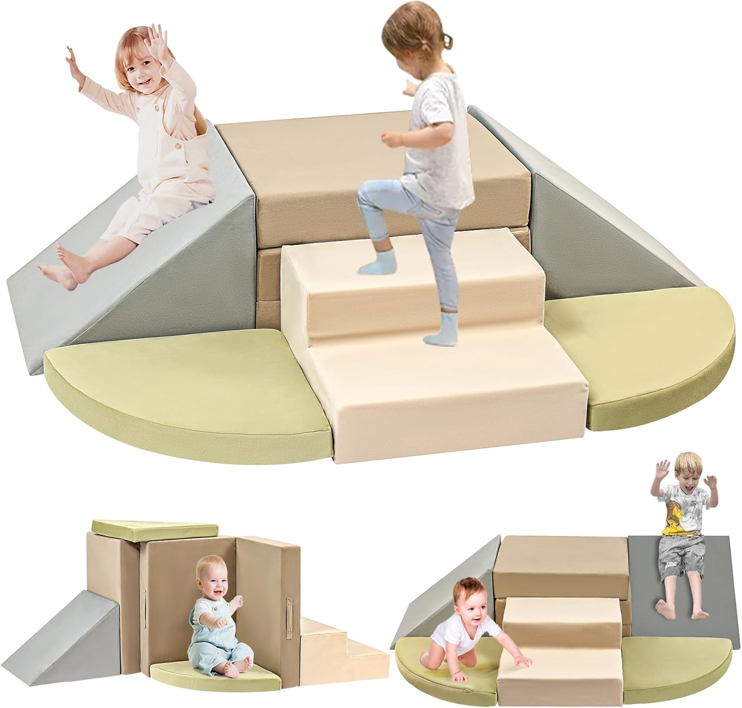 NLDD 6-Piece Toddler Climbing Toys Indoor Soft Play Baby Climbing Blocks Safe Wooden Slide Playground Equipment Durable Foam Climbing Toys for Crawling and Sliding