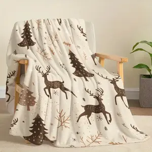 Reversible Christmas Flannel Throw Blanket, Soft Warm Winter Scene with Reindeer & Snowflakes, Holiday Gift for Sofa Bed Camping Travel