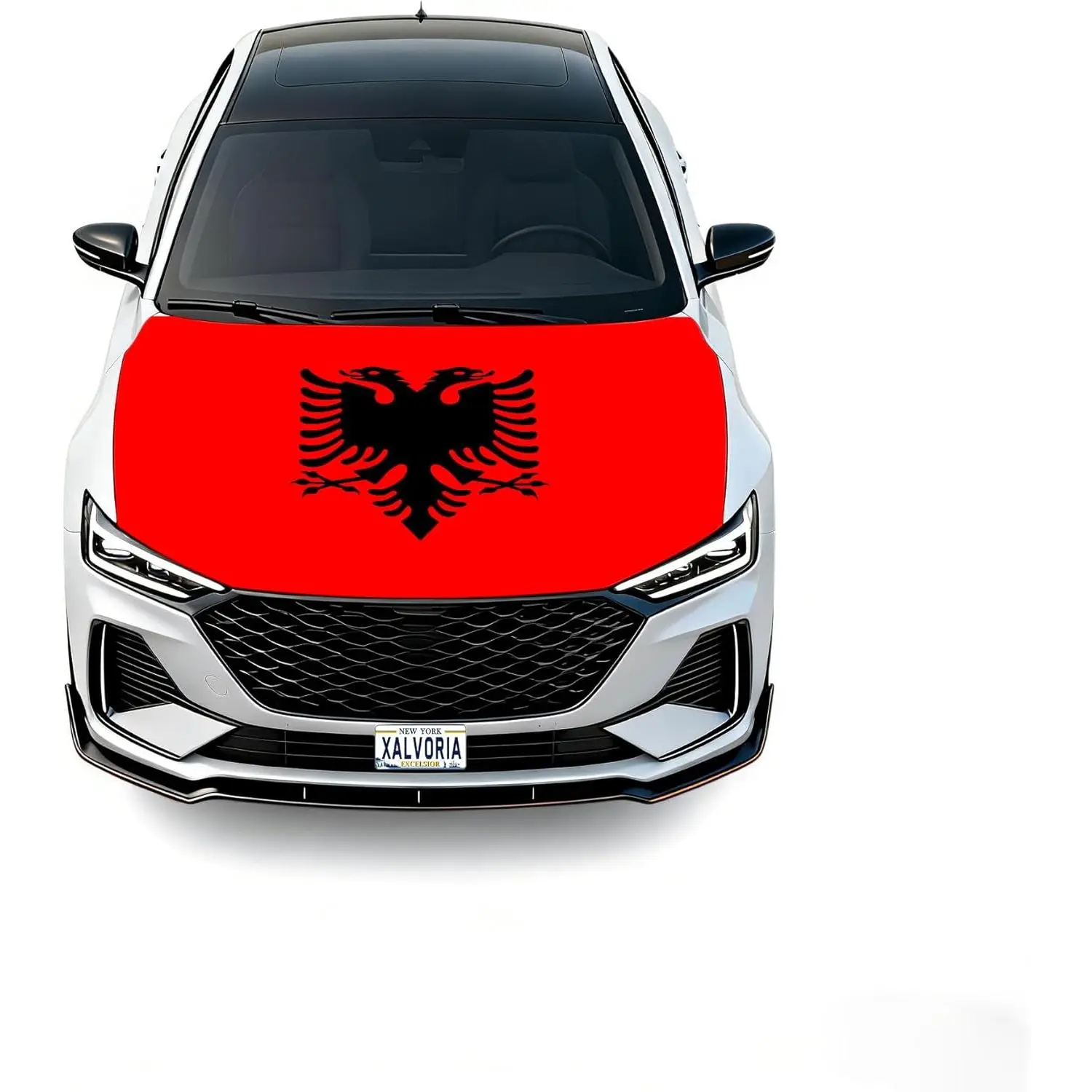 Albanian Flag Car Hood Cover - Flexible Stretch Polyester Spandex, Glueless Smooth Lightweight, Automotive Decoration Accessory with Red Black Eagle Cultural Look, Dust Protection, Universal Fit for Standard Hoods, Cars/SUVs/Trucks, Tool-Free Easy Install