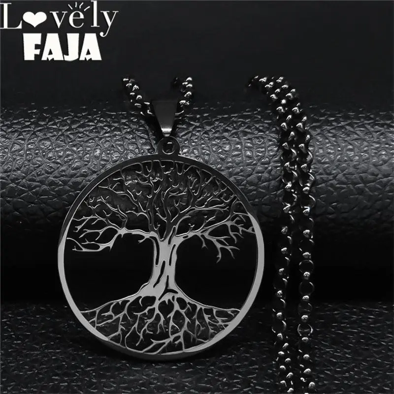 Men's Black Stainless Steel Long Chain Necklace - Tree of Life Tree Pendant, 50cm Chain for Daily Wear/Party/Prom, 2024 Anniversary Gift Jewelry, 2024 Tree Of Life