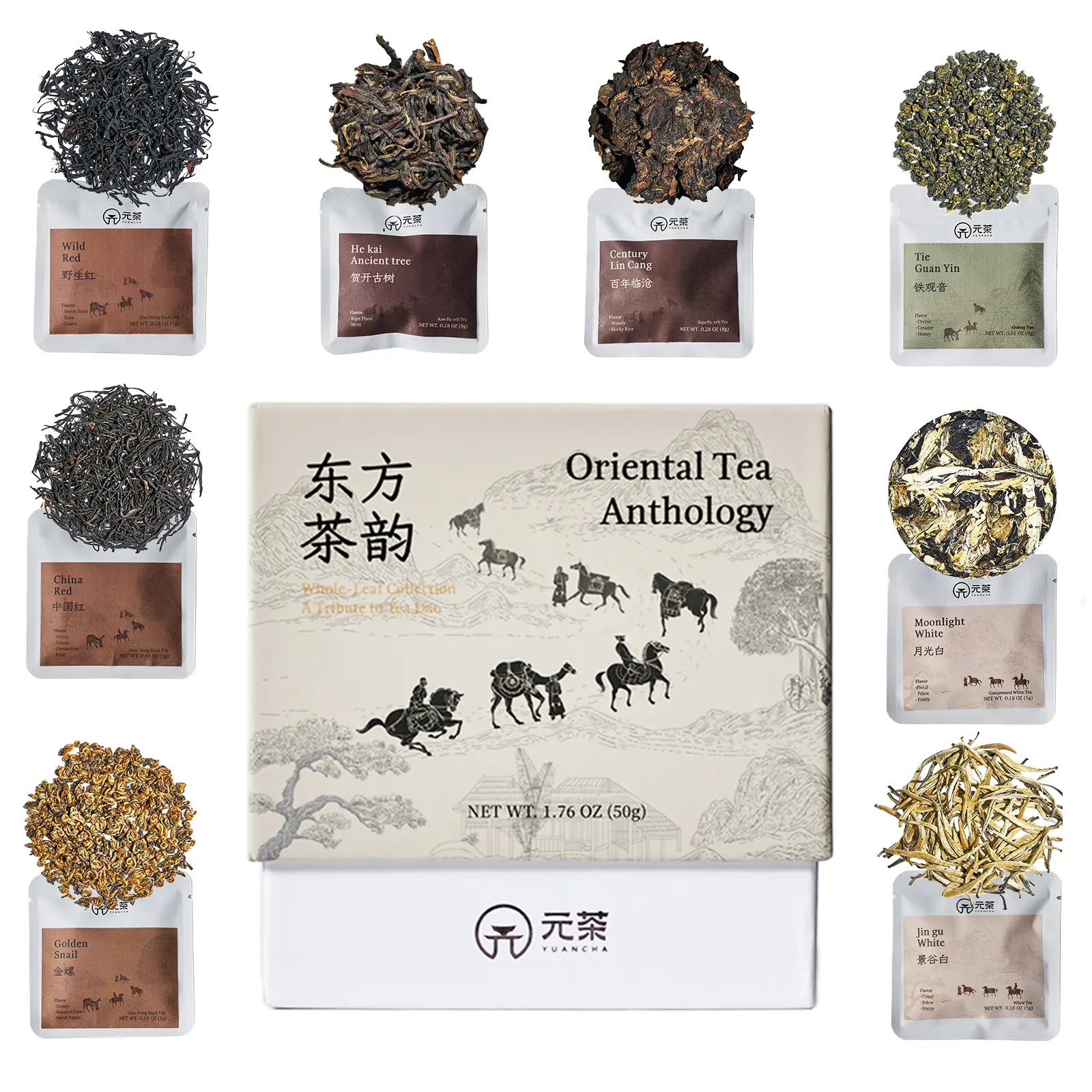 Tea Sampler for Beginners, 8 Authentic Whole Leaf Loose Leaf Teas from China, Chinese Tea Tasting Kit, Oolong, Pu-erh, Black & White Tea with Distinct Flavor Profiles, Gift Set