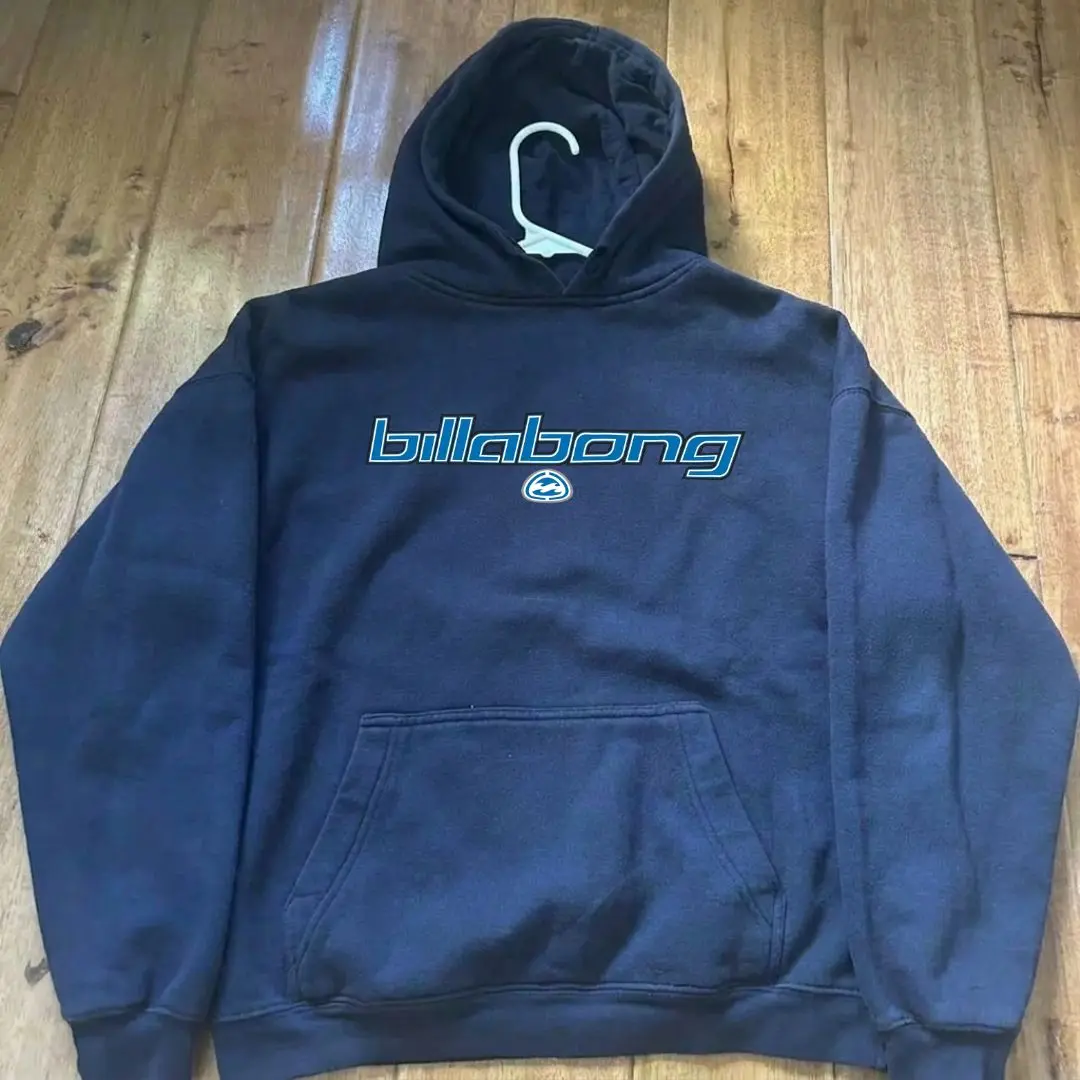 Billabong Vintage Logo Graphic Hoodie, Casual Beach Skatewear Pullover, Relaxed Coastal Streetwear, Trendy Unisex Everyday Outfit, Surf Inspired Apparel