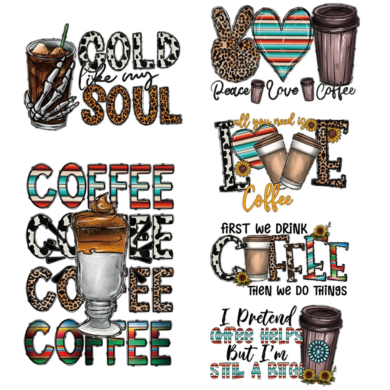 6pcs Coffee Pattern Iron On Patch, DIY Heat Transfer Sticker For T-Shirt & Jeans, Fashion Clothing Iron On Patch