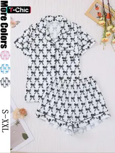 【Valentine's Day】Women's Spring Summer Sleepwear Set, Elegant Butterfly Knot Floral Print, Comfortable Shirt Collar Short Sleeve Top & Loose Elastic Shorts, Pajamas