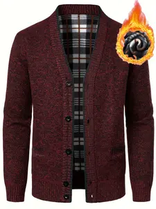 Men's Knit Cardigan Sweater, Front Button Design, Long Sleeve Office & Casual Winter Coat, Fitted V Neck, Textured Fabric, Durable Material