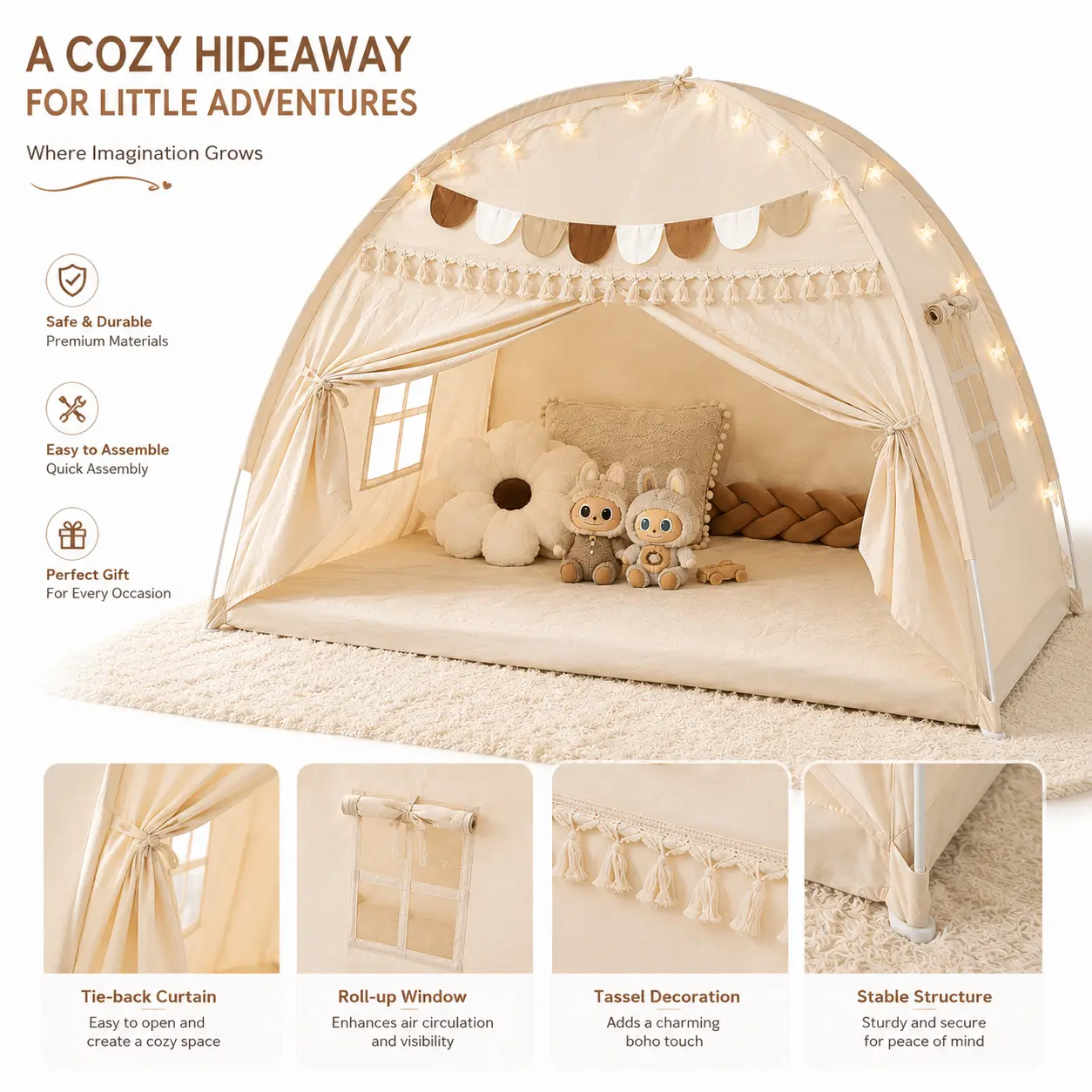 Large Kids Play Tent with Tassel Star Light, Foldable Portable Indoor Cozy Playhouse for Boys Girls