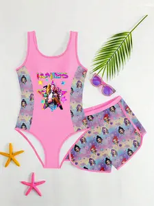 Girls' Fashion Swimsuit Two-Piece Set, Gradient Cartoon Print One-Piece Swimwear + Matching Shorts, Idol Girl Group Print
