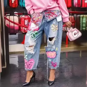 Women's Loose Heavy Embellished Rhinestone Printed Hole Denim Jeans ming Pants able Casual Womenswear Bottom High Waist Legging