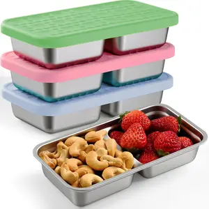 Stainless Steel Snack Containers, Double Compartment Food Preservation Bento Box with Silicone Leakproof Lids, 15oz Reusable Divided Food Storage Containers for Lunch Prep, Travel, Camping