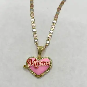 Pink gold plated heart surrounded by white rhinestones and red “Mama” lettering including a 3 color necklace