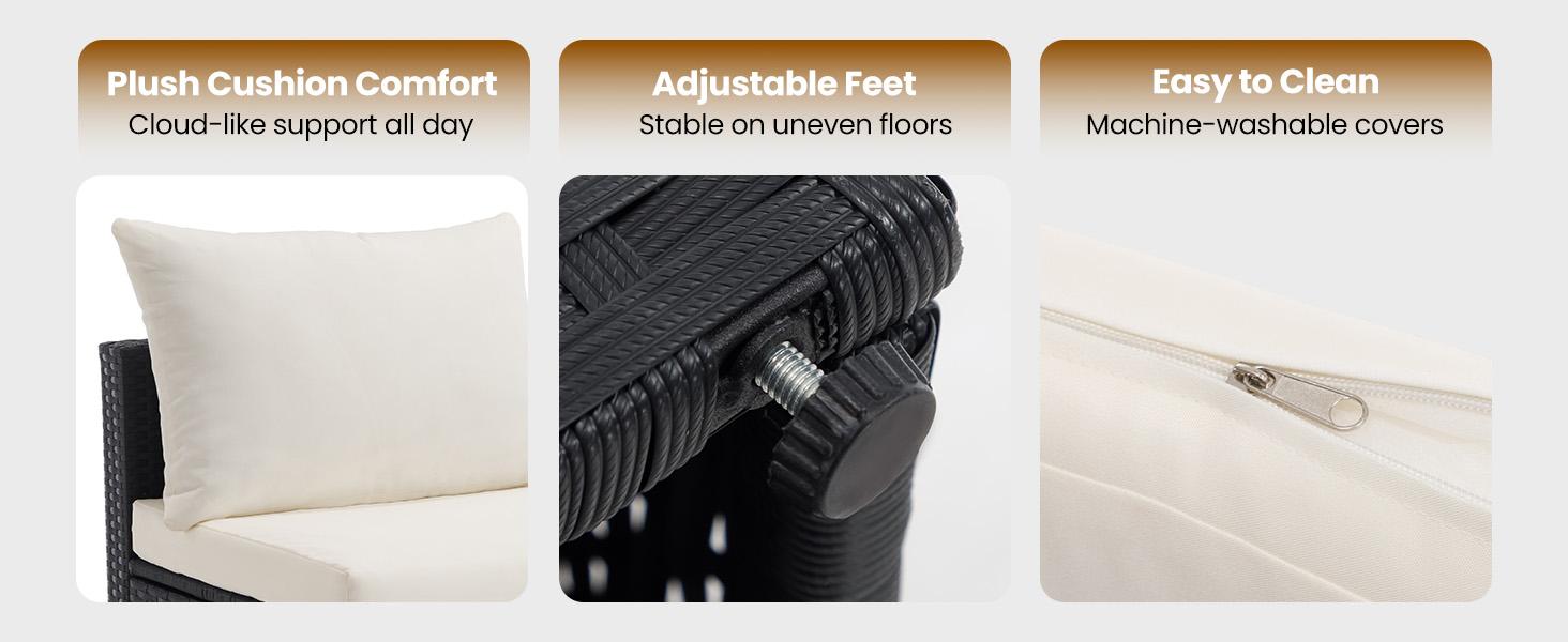 7 Piece Outdoor Patio Sectional Sofa, Modular Wicker Furniture Set with 2.8" Thick Cushions, Adjustable Feet, All-Weather Rattan Outdoor Couch for Backyard, Deck, Garden, Poolside