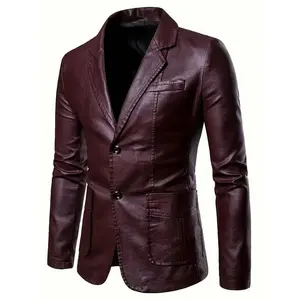 Men’s sleek black PU leather jacket — stylish button-up blazer with lapel collar, long sleeves, and side pockets for business or formal occasions; menswear coats/tops; beige woven material; plain crimson outfits