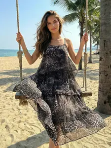 Elegant Women's Mesh Long Dress Leopard Spot Halter Neck Summer New Bohemian Beach Vacation Style Ruffle Cake Skirt