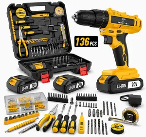 20V Cordless Drill Driver Kit, 136-Piece Power Tool Set with 2 Batteries, 2-Speed Settings, 3/8" Chuck, Ideal for Home DIY & Repair Projects Household Compact Impact perforar