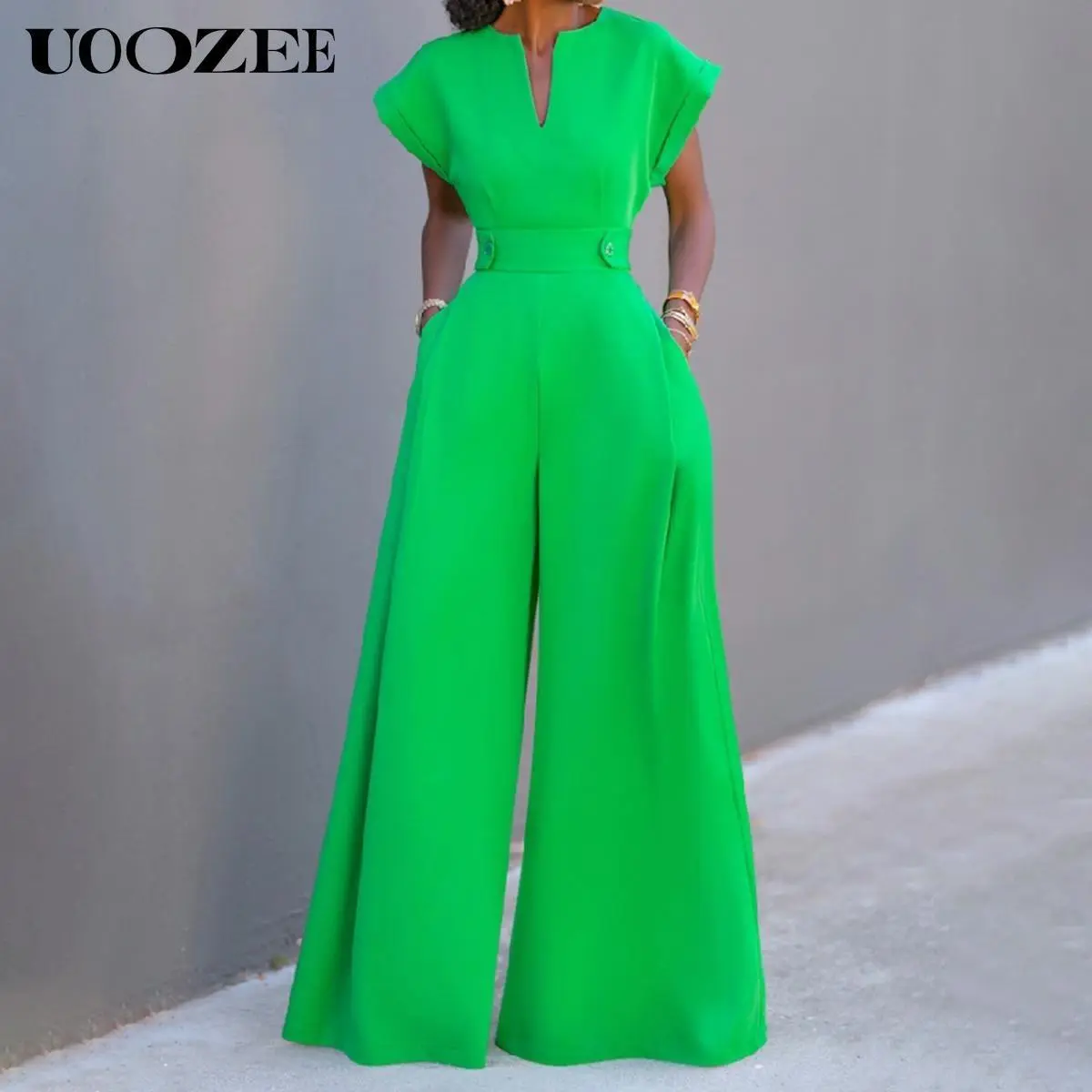 UOOZEE Women's Green Jumpsuit Overall - Minimalist Elegance with V-Neck and Cap Sleeve Chic, Button-Front Wide-Leg Polyester Fit