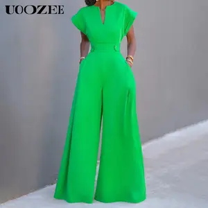 UOOZEE Women's V-Neck Cap Sleeve Jumpsuit, Elegant Green Wide Leg Polyester Overall with Button Front, Machine Washable All-Season Wear