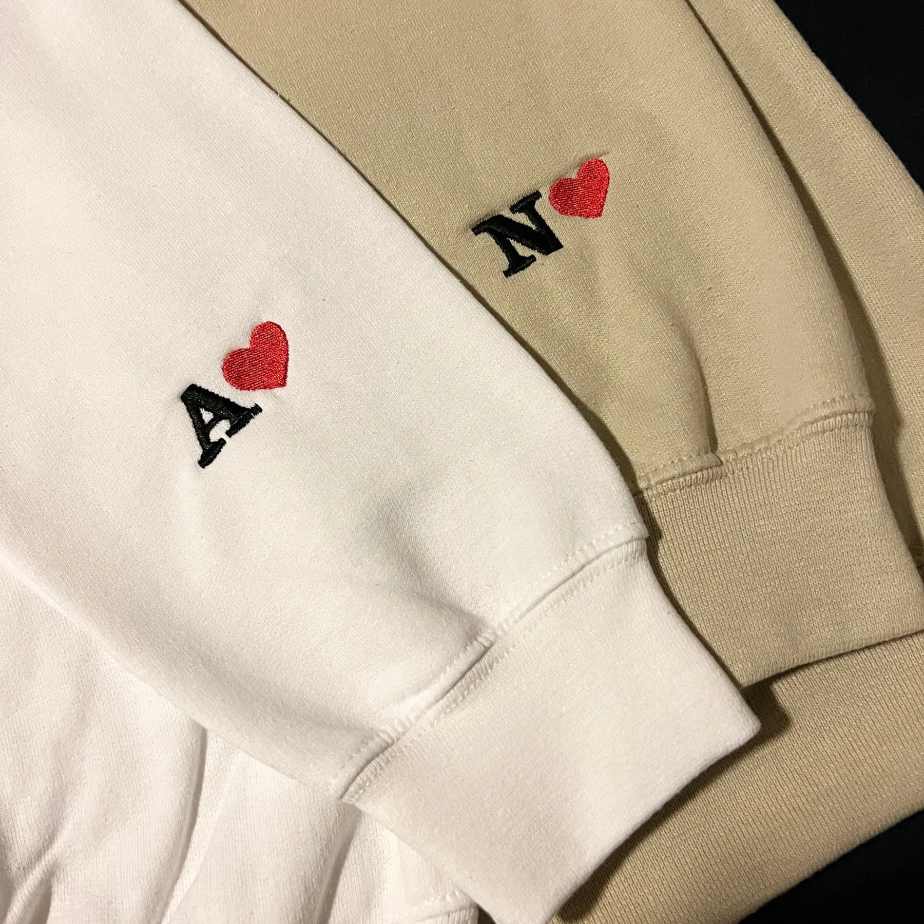 Custom Embroidered Initial Heart Sweatshirt, Personalized Couples Hoodie, Valentines Couple Initials, Matching Sleeve Initial Hoodie