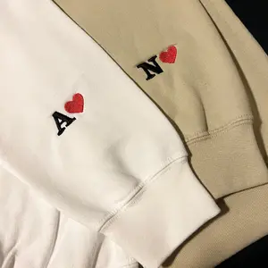 Custom Embroidered Initial Heart Sweatshirt, Personalized Couples Hoodie, Valentines Couple Initials, Matching Sleeve Initial Hoodie