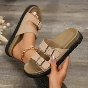 Women's Suede Sandals Waterproof and Anti Slip Footbed Summer Adjustable Slide Sandals