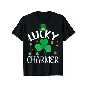 1pc St. Patrick'S Day Kids' Lucky Charmer Print Black T-Shirt |   Crew Neck, Casual Tee, Medium Stretch Knit Fabric, Regular Fit for Boys & Girls, Shamrock Clover Pattern, Perfect for Spring/Summer/Fall, Christmas, St. Patrick'S Day, Valentine'S Day