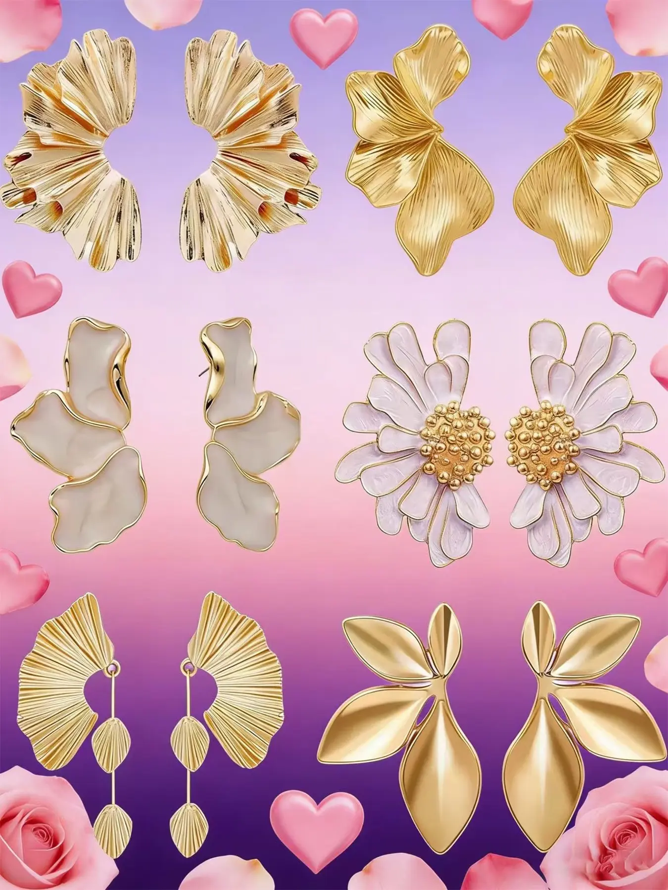 Mother's Day Gift 6 Pairs Valentine's Day Chunky Statement Versatile Earrings Set for Women, Gold Plated Floral Design, Hypoallergenic Jewelry Gift