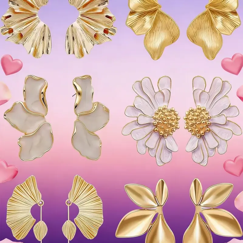 Mother's Day Gift 6 Pairs Valentine's Day Chunky Statement Versatile Earrings Set for Women, Gold Plated Floral Design, Hypoallergenic Jewelry Gift