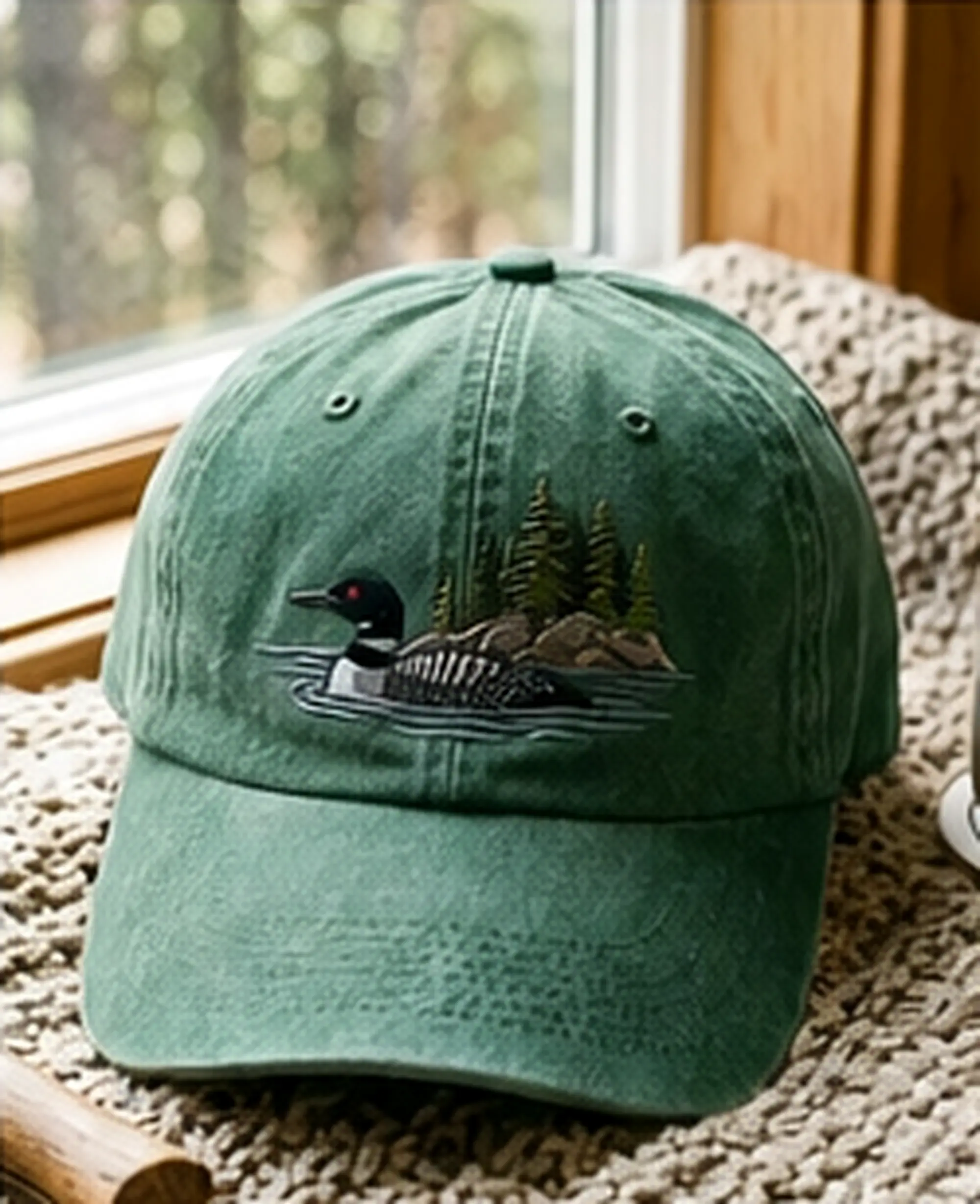 Washed Cotton Cap with Loon Embroidery – Adjustable Nature Hat