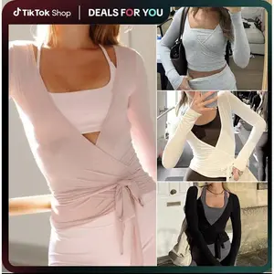 Women’s Cross Wrap Tie Tops, Long Sleeve Deep V Neck Solid Color Fit T-Shirts, Workout Blouses Solid Color Shirts, Ladies Top for Indoor Outdoor Wear, Ladies Top for Daily Wear Casual Womenswear