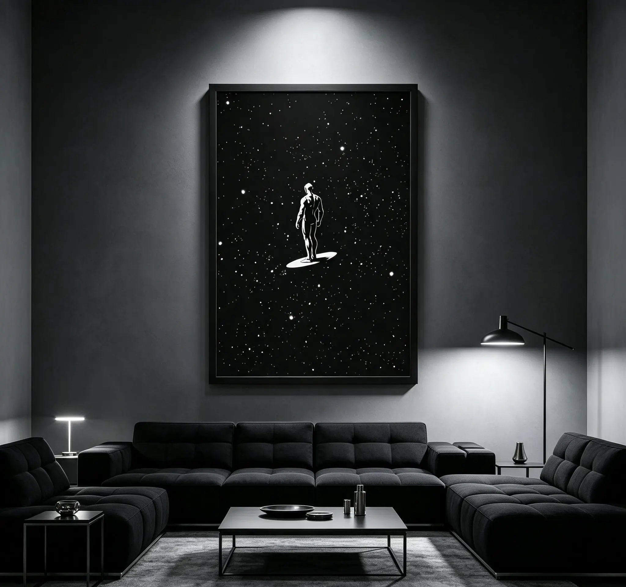 Silver Surfer Space Silhouette Canvas Poster - Black-White Minimalist Superhero Wall Art, Cosmic Comic Print for Game Room & Bedroom Decor, Collectible Gift for Comic Book Fans