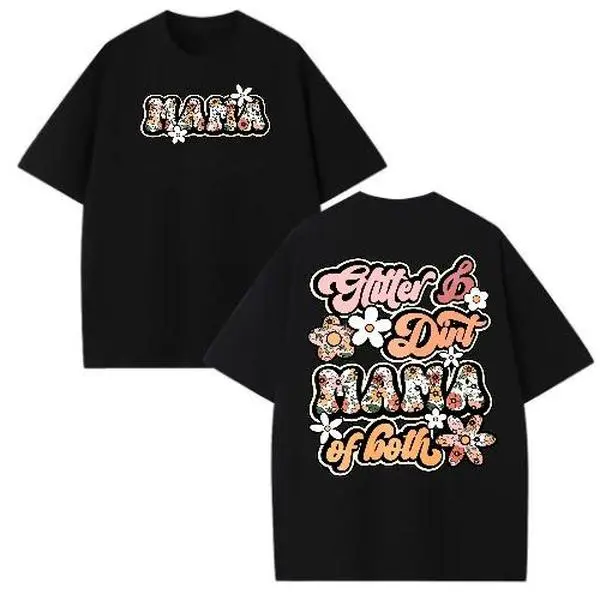 Glitter and Dirt Mama of Both Floral Mom Double-Sided Print T-Shirt, Mama Flower Tee, Mom Shirt, Mom life Tee, Mother Day Gift,Short Sleeve Round Neck Casual Top,Soft Material,Fashion women Spring/Summer Top Crewneck Aesthetic