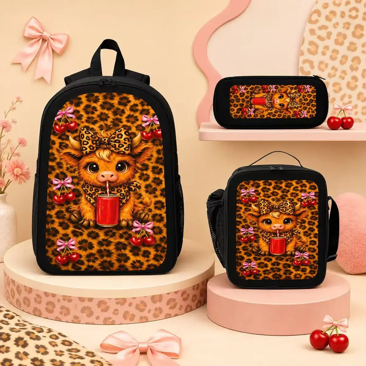 Highland Cow Bookbag Set with Lunch Bag & Pencil Case for Students, Cute & Lightweight with Large Compartment, Great for Campus Life, Back to School Haul & First Day School GRWM