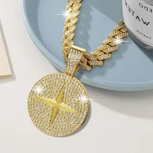 Hip-Hop Style Cuban Link Chain Necklace with Round Starburst Pendant Gold Silver Options 18 20 24 Inches for Men Parties Music Festivals