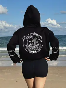 Women's Mushroom & Moon Print Pocket Hoodie, Casual Long Sleeve Drawstring Hoodies for Daily Holiday Outdoor Wear, Women's Clothing for Fall & Winter